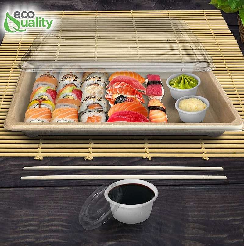 EcoQuality X-Large Compostable Sushi Trays with Lids - Natural Sugarcane Bagasse Take Out Sushi Container - Biodegradable, Disposable Sushi Plate with Lid, Eco Friendly, to go, Serving Tray (25) - Image 8
