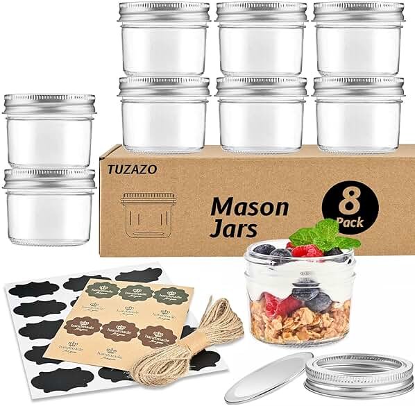 TUZAZO 4 oz Mini Mason Jars with Lids 8 Pack, 4oz Small Glass Mason Canning Jars for Jam Jelly Yogurt Dessert, Shower Wedding Favors Decor - Product Image
