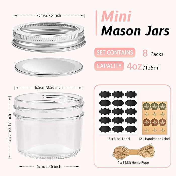 TUZAZO 4 oz Mini Mason Jars with Lids 8 Pack, 4oz Small Glass Mason Canning Jars for Jam Jelly Yogurt Dessert, Shower Wedding Favors Decor - Image 3