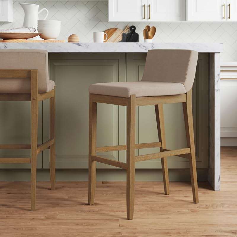Nathan James Gracie Modern Bar Stool with Back, Cushioned Bar Height Stool with Natural Flax Upholstery and Brushed Wooden Legs, Natural Flax/Brown - Image 1