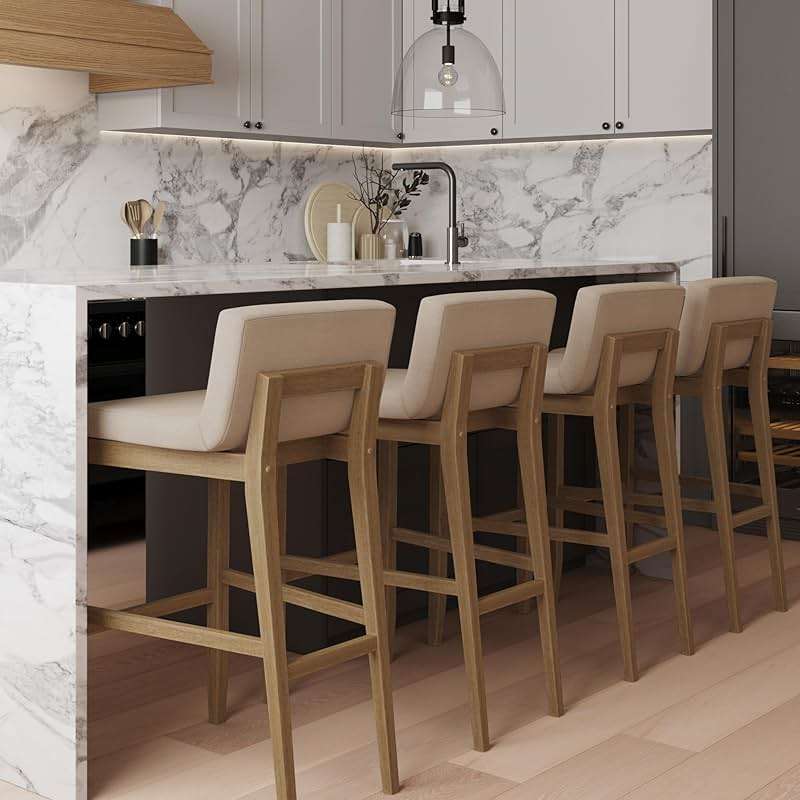 Nathan James Gracie Modern Bar Stool with Back, Cushioned Bar Height Stool with Natural Flax Upholstery and Brushed Wooden Legs, Natural Flax/Brown - Image 3