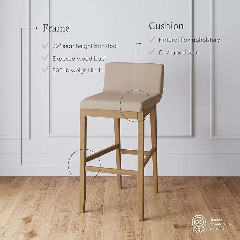 Nathan James Gracie Modern Bar Stool with Back, Cushioned Bar Height Stool with Natural Flax Upholstery and Brushed Wooden Legs, Natural Flax/Brown - Image 4