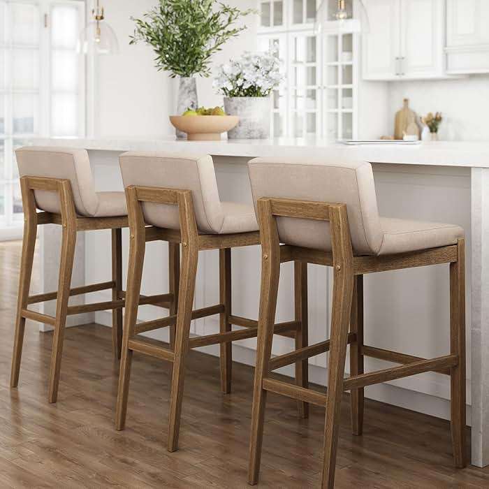 Nathan James Gracie Modern Bar Stool with Back, Cushioned Bar Height Stool with Natural Flax Upholstery and Brushed Wooden Legs, Natural Flax/Brown - Image 5