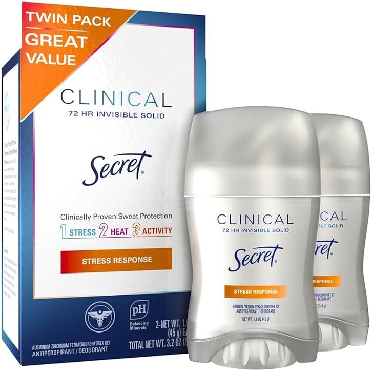 Secret Clinical Strength 100HR Sweat & Odor, Stress Response Invisible Solid Antiperspirant Deodorant for Women, 3X Stress Protection with Hyaluronic Acid, PH Balanced, 1.6 oz (Pack of 2) - Product Image