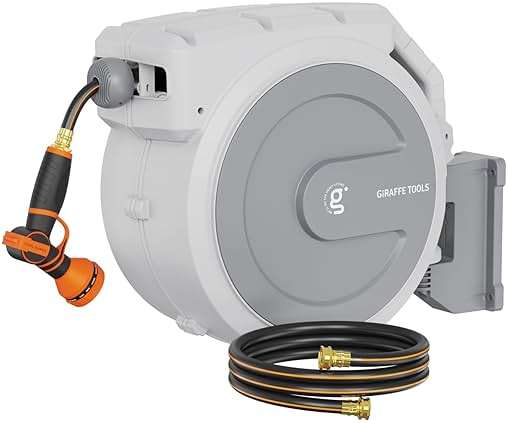 Giraffe Tools Heavy Duty Retractable Garden Hose Reel 1/2 130 FT, Wall Mounted with 9 Pattern Nozzle & Detachable Leader Hose, 180° Swivel Bracket, Any Length Lock, Commercial Grade (Light Grey) - Image 1