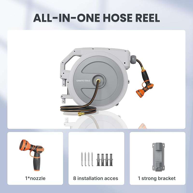Giraffe Tools Heavy Duty Retractable Garden Hose Reel 1/2 130 FT, Wall Mounted with 9 Pattern Nozzle & Detachable Leader Hose, 180° Swivel Bracket, Any Length Lock, Commercial Grade (Light Grey) - Image 2
