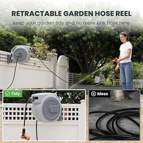 Giraffe Tools Heavy Duty Retractable Garden Hose Reel 1/2 130 FT, Wall Mounted with 9 Pattern Nozzle & Detachable Leader Hose, 180° Swivel Bracket, Any Length Lock, Commercial Grade (Light Grey) - Image 6