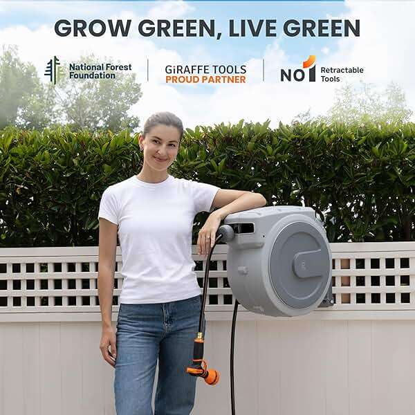 Giraffe Tools Heavy Duty Retractable Garden Hose Reel 1/2 130 FT, Wall Mounted with 9 Pattern Nozzle & Detachable Leader Hose, 180° Swivel Bracket, Any Length Lock, Commercial Grade (Light Grey) - Image 7