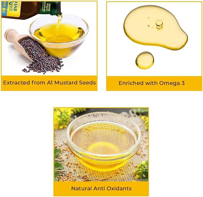 Nihar Naturals Kacchi Ghani Mustard Oil| Cold Pressed| 100% Pure Mustard Oil| For Skin, Hair Care & Body Massage| Enriched with Omega 3 & Natural Anti-Oxidants| 33.8 Fl.oz. - Image 3