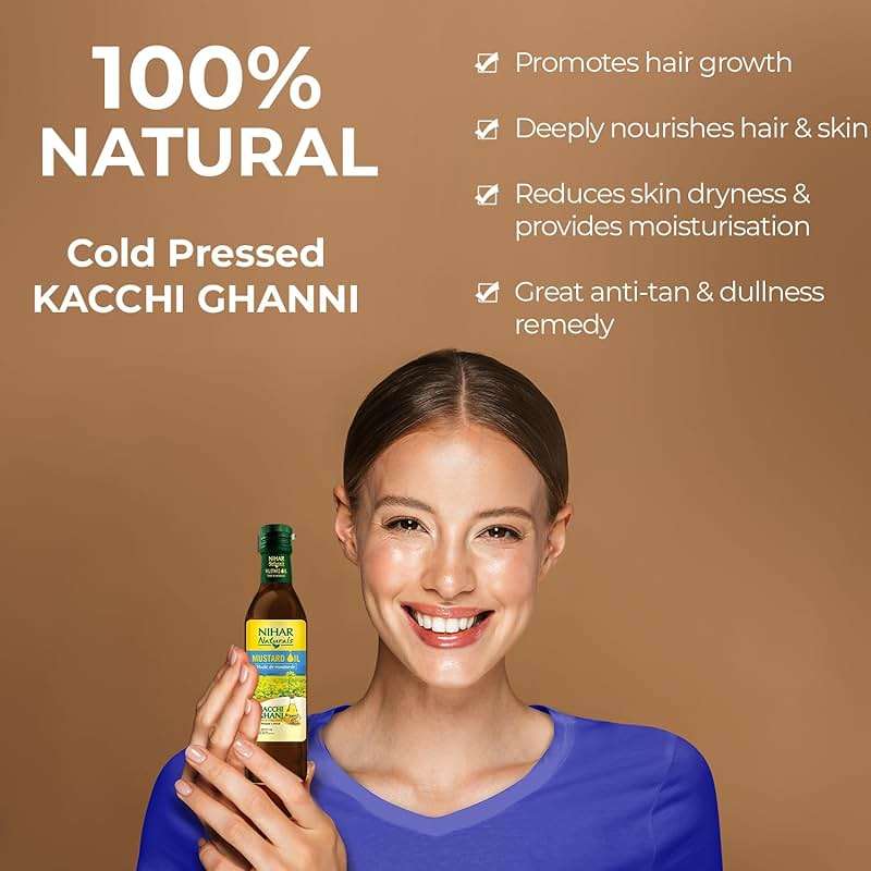 Nihar Naturals Kacchi Ghani Mustard Oil| Cold Pressed| 100% Pure Mustard Oil| For Skin, Hair Care & Body Massage| Enriched with Omega 3 & Natural Anti-Oxidants| 33.8 Fl.oz. - Image 4