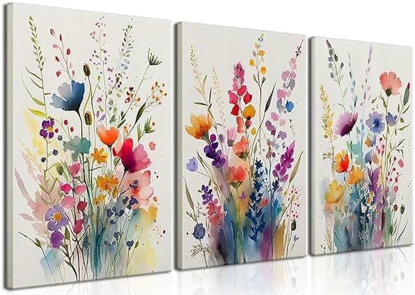 KISSFOX 3 Piece Colorful Flower Framed Wall Art Decor Watercolor Botanical Wildflower Pictures Paintings Wall Decor Modern Minimalist Floral Canvas Art Prints Artwork For Bedroom Living Room Bathroom - Product Image