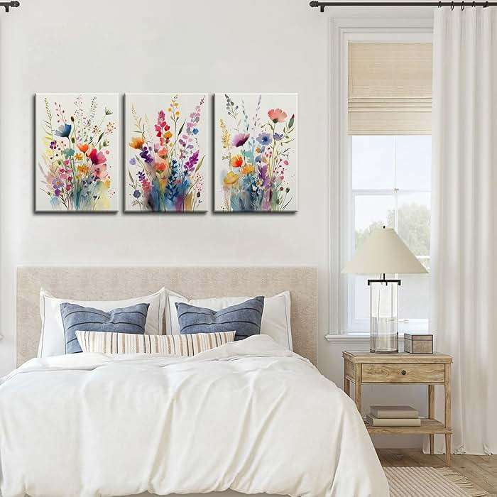 KISSFOX 3 Piece Colorful Flower Framed Wall Art Decor Watercolor Botanical Wildflower Pictures Paintings Wall Decor Modern Minimalist Floral Canvas Art Prints Artwork For Bedroom Living Room Bathroom - Image 4