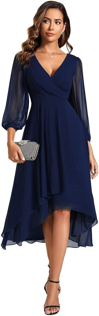 Ever-Pretty Women's Chiffon V Neck Long Sleeves A-Line Midi Length Wedding Guest Dress Cocktail Party Formal Dresses 01926 - Product Image