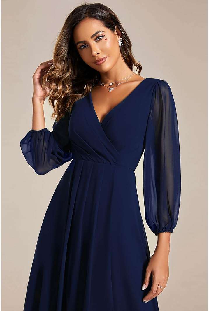 Ever-Pretty Women's Chiffon V Neck Long Sleeves A-Line Midi Length Wedding Guest Dress Cocktail Party Formal Dresses 01926 - Image 5