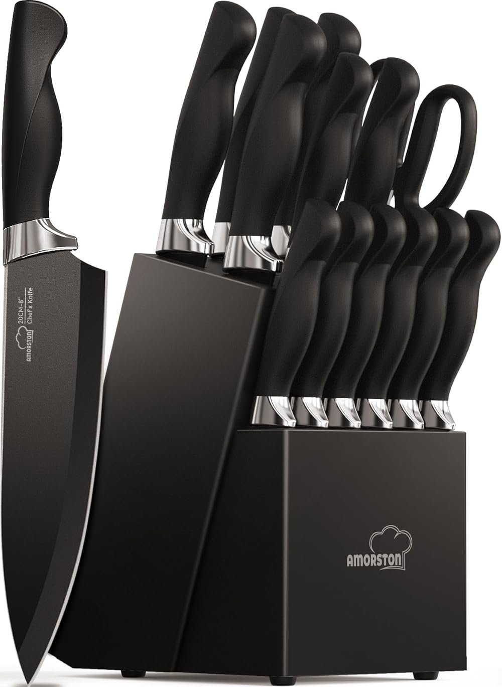 Amorston Knife Set, 15 Piece Kitchen Knife Set with Block and Built in Sharpener, German Stainless Steel Dishwasher Safe Knife Block Set, Black Kitchen Knives Set for Home Cooking Fathers Day Gift - Product Image