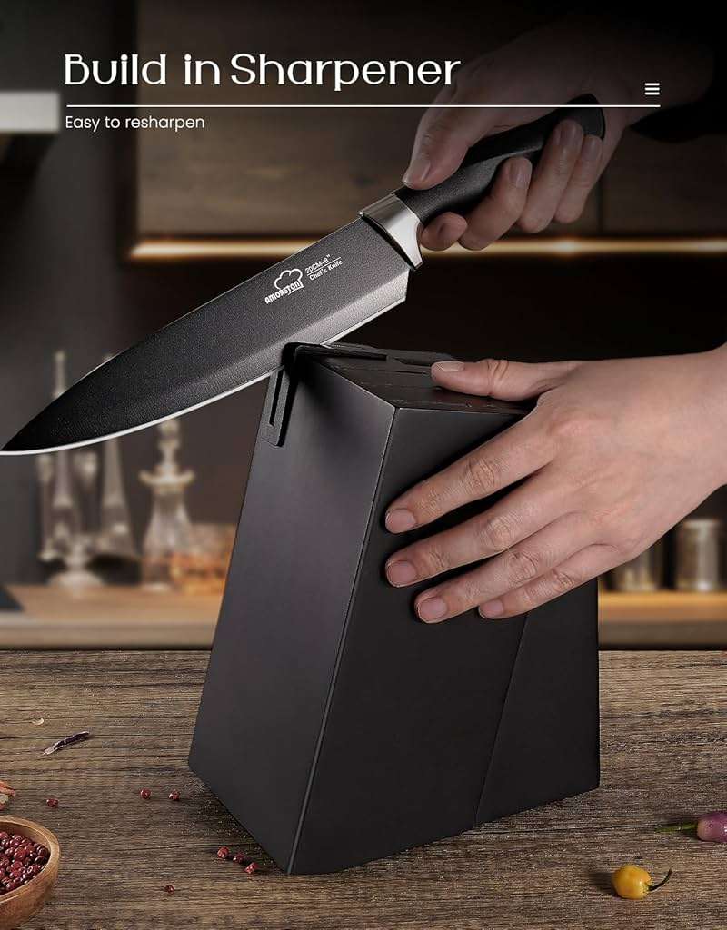 Amorston Knife Set, 15 Piece Kitchen Knife Set with Block and Built in Sharpener, German Stainless Steel Dishwasher Safe Knife Block Set, Black Kitchen Knives Set for Home Cooking Fathers Day Gift - Image 2