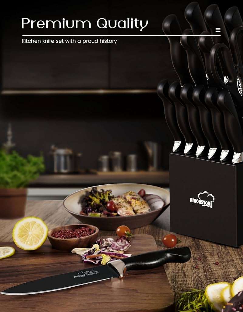 Amorston Knife Set, 15 Piece Kitchen Knife Set with Block and Built in Sharpener, German Stainless Steel Dishwasher Safe Knife Block Set, Black Kitchen Knives Set for Home Cooking Fathers Day Gift - Image 3