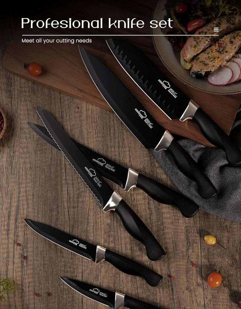 Amorston Knife Set, 15 Piece Kitchen Knife Set with Block and Built in Sharpener, German Stainless Steel Dishwasher Safe Knife Block Set, Black Kitchen Knives Set for Home Cooking Fathers Day Gift - Image 5
