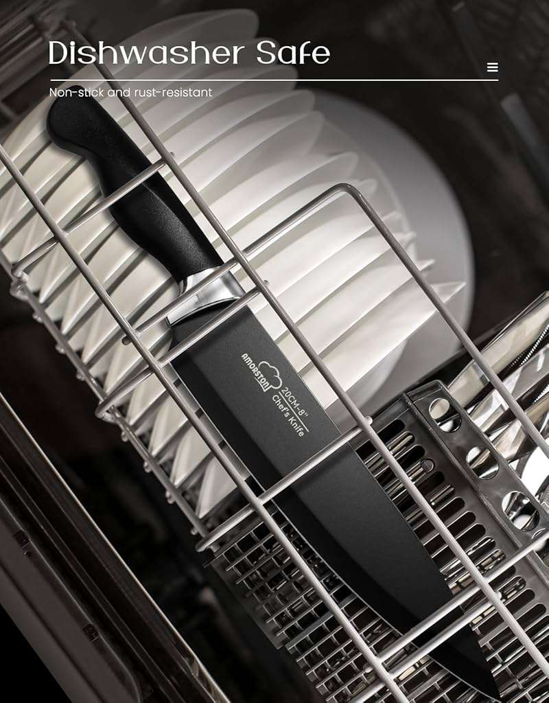 Amorston Knife Set, 15 Piece Kitchen Knife Set with Block and Built in Sharpener, German Stainless Steel Dishwasher Safe Knife Block Set, Black Kitchen Knives Set for Home Cooking Fathers Day Gift - Image 7