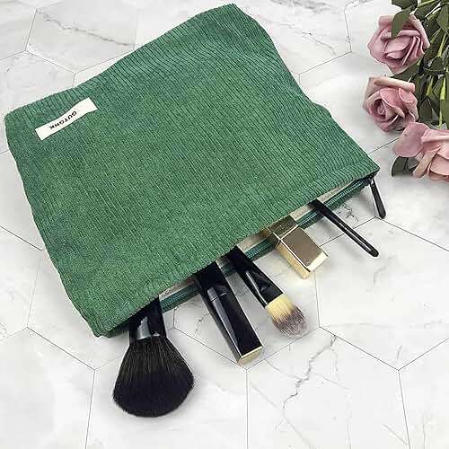 GUTGNK Corduroy Ladies Cosmetic Bag, Large Capacity Canvas Cosmetic Bag Travel Toiletry Bag Accessories Organizer, Grass Green - Image 2