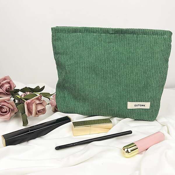 GUTGNK Corduroy Ladies Cosmetic Bag, Large Capacity Canvas Cosmetic Bag Travel Toiletry Bag Accessories Organizer, Grass Green - Image 3