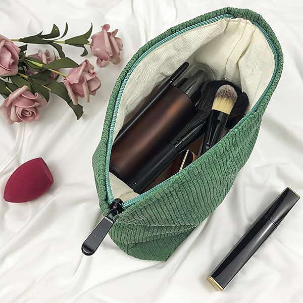 GUTGNK Corduroy Ladies Cosmetic Bag, Large Capacity Canvas Cosmetic Bag Travel Toiletry Bag Accessories Organizer, Grass Green - Image 4