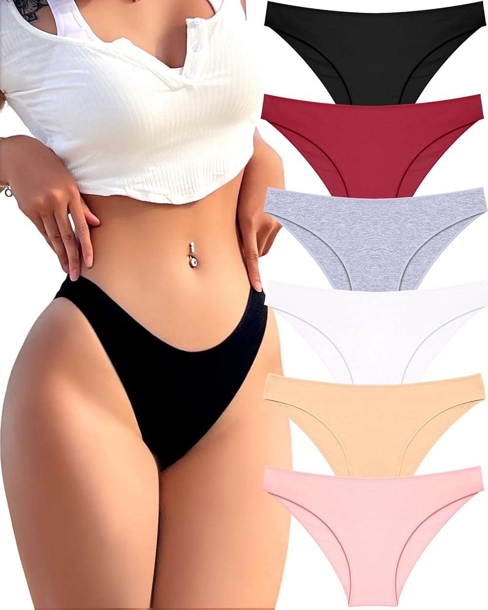 FINETOO 6 Pack Cotton Underwear for Women Cute Low Rise Bikini Panties High Cut Breathable Sexy Hipster Womens Cheeky S-3XL - Image 1