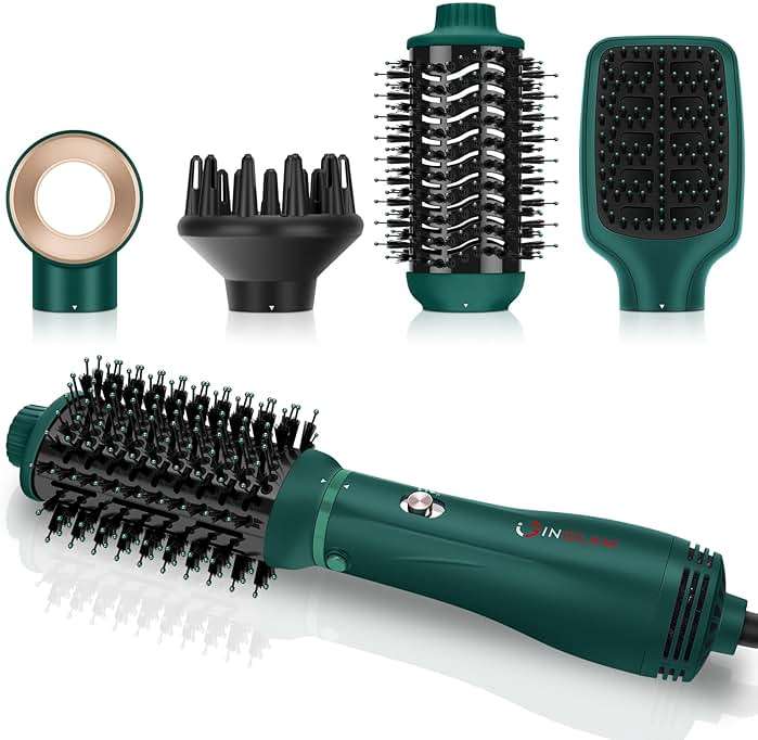 IG INGLAM Hair Dryer Brush, 4-in-1 Detachable Blow Dryer Brush, Ionic Diffuser Hair Dryer & Styler Volumizer with Oval Titanium Barrel, One-Step Hot Air Blowout Styler, Dark Green - Image 1