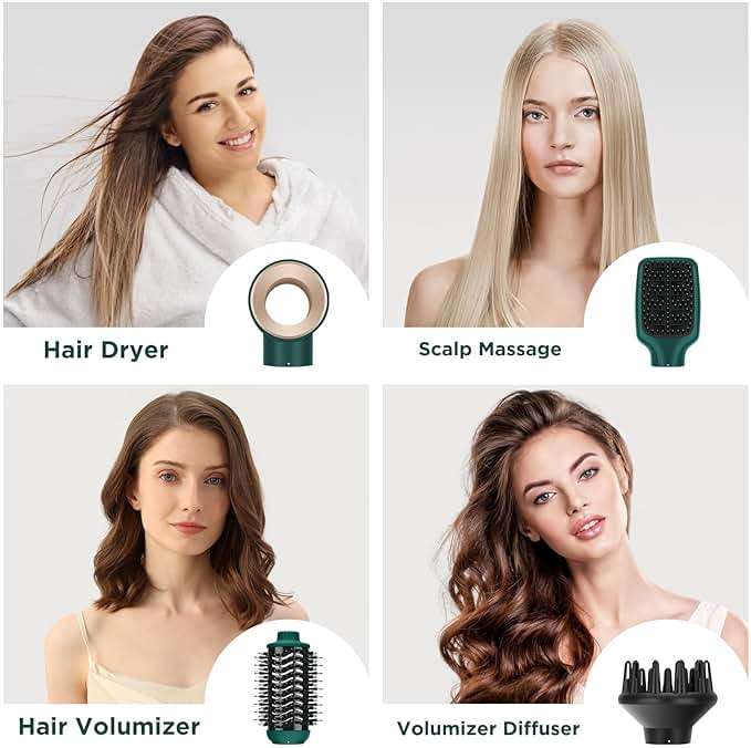 IG INGLAM Hair Dryer Brush, 4-in-1 Detachable Blow Dryer Brush, Ionic Diffuser Hair Dryer & Styler Volumizer with Oval Titanium Barrel, One-Step Hot Air Blowout Styler, Dark Green - Image 2