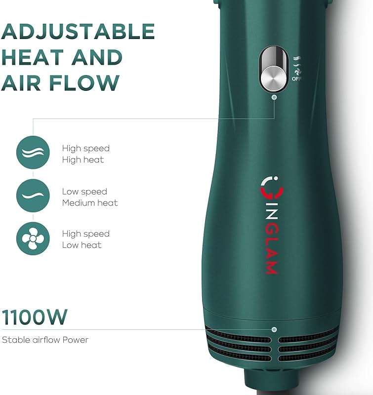 IG INGLAM Hair Dryer Brush, 4-in-1 Detachable Blow Dryer Brush, Ionic Diffuser Hair Dryer & Styler Volumizer with Oval Titanium Barrel, One-Step Hot Air Blowout Styler, Dark Green - Image 5