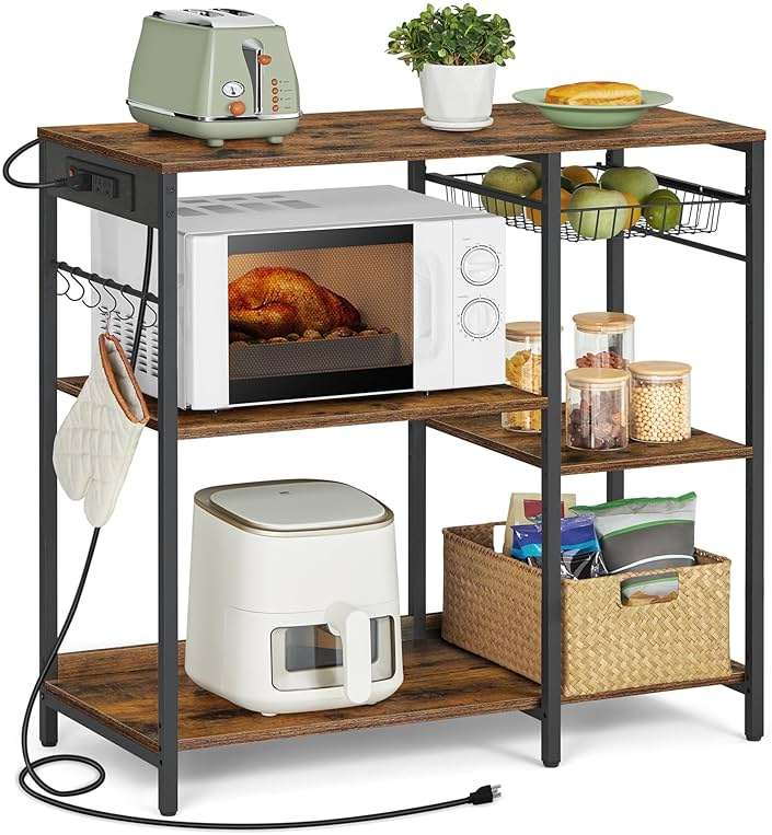 VASAGLE Baker's Rack, Coffee Bar Stand with Charging Station, 35.6 Inches Tall, Storage Shelves, Pull-Out Wire Basket, Table for Microwave, Kitchen, Rustic Brown and Ink Black UKKS036K01 - Image 1
