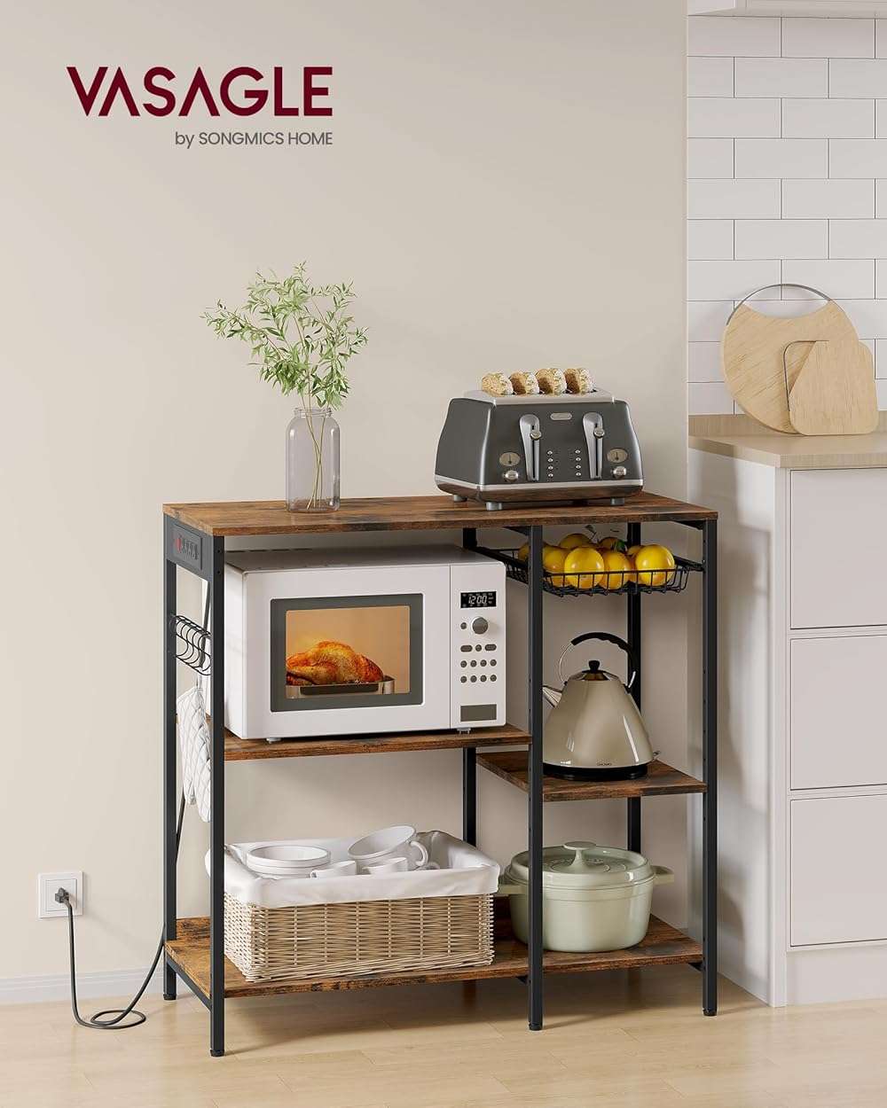 VASAGLE Baker's Rack, Coffee Bar Stand with Charging Station, 35.6 Inches Tall, Storage Shelves, Pull-Out Wire Basket, Table for Microwave, Kitchen, Rustic Brown and Ink Black UKKS036K01 - Image 2