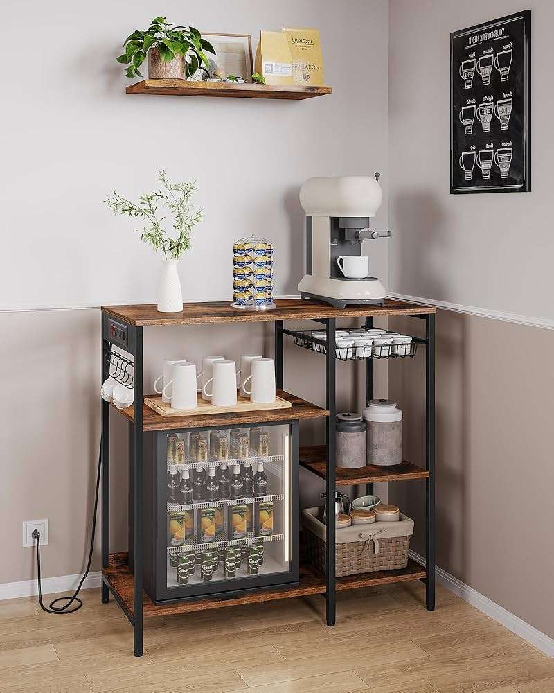 VASAGLE Baker's Rack, Coffee Bar Stand with Charging Station, 35.6 Inches Tall, Storage Shelves, Pull-Out Wire Basket, Table for Microwave, Kitchen, Rustic Brown and Ink Black UKKS036K01 - Image 4