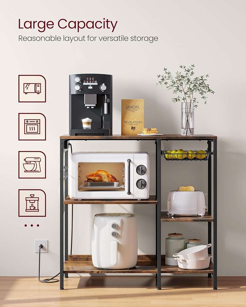 VASAGLE Baker's Rack, Coffee Bar Stand with Charging Station, 35.6 Inches Tall, Storage Shelves, Pull-Out Wire Basket, Table for Microwave, Kitchen, Rustic Brown and Ink Black UKKS036K01 - Image 5