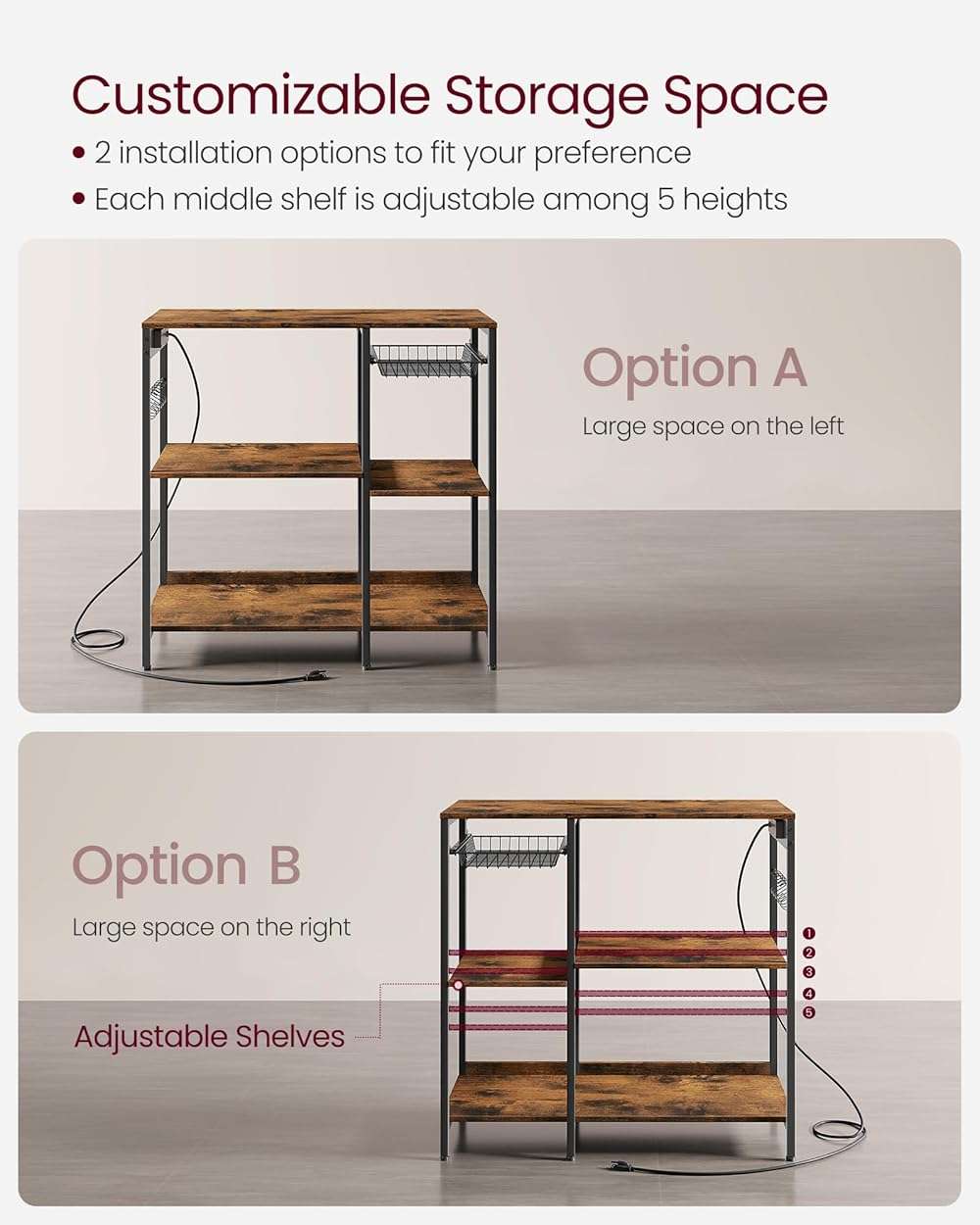 VASAGLE Baker's Rack, Coffee Bar Stand with Charging Station, 35.6 Inches Tall, Storage Shelves, Pull-Out Wire Basket, Table for Microwave, Kitchen, Rustic Brown and Ink Black UKKS036K01 - Image 6