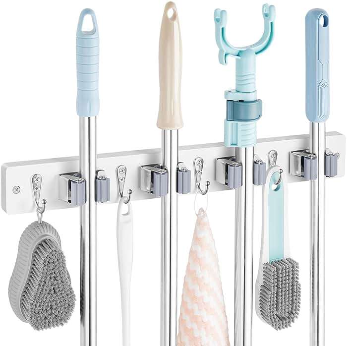 OUTNILI White Mop Broom Holder Wall Mount with 4 Slots & 4 Hooks - Wood Broom Mop Hanger for Pantry Closet Laundry Room Organization - Heavy Duty Garden Tool Organizer - White Kitchen Decor - Image 1