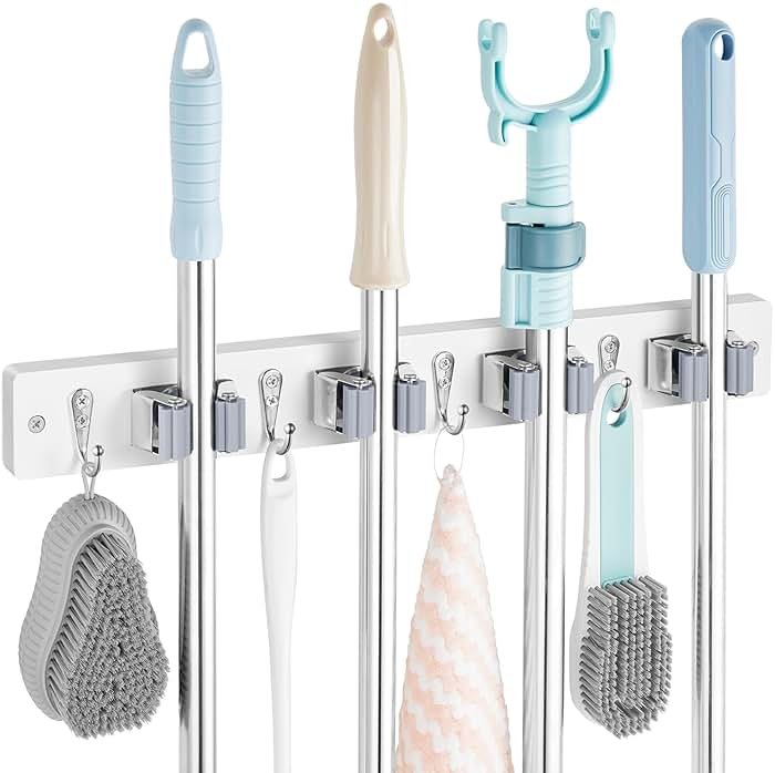 OUTNILI White Mop Broom Holder Wall Mount with 4 Slots & 4 Hooks - Wood Broom Mop Hanger for Pantry Closet Laundry Room Organization - Heavy Duty Garden Tool Organizer - White Kitchen Decor - Product Image
