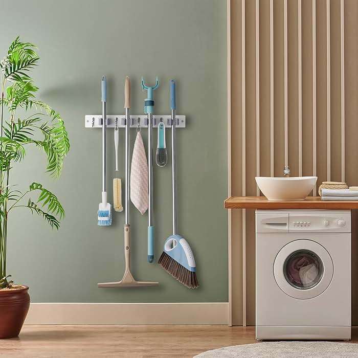 OUTNILI White Mop Broom Holder Wall Mount with 4 Slots & 4 Hooks - Wood Broom Mop Hanger for Pantry Closet Laundry Room Organization - Heavy Duty Garden Tool Organizer - White Kitchen Decor - Image 2