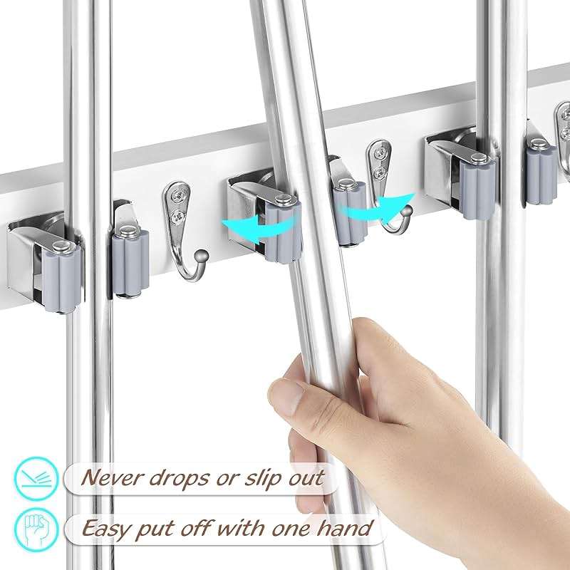 OUTNILI White Mop Broom Holder Wall Mount with 4 Slots & 4 Hooks - Wood Broom Mop Hanger for Pantry Closet Laundry Room Organization - Heavy Duty Garden Tool Organizer - White Kitchen Decor - Image 4