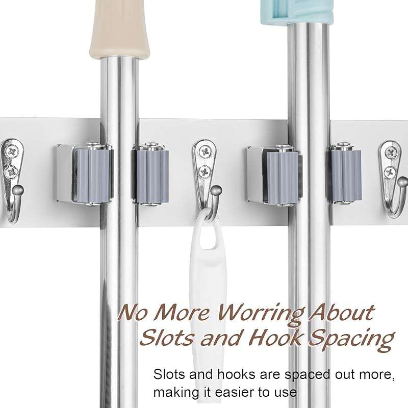 OUTNILI White Mop Broom Holder Wall Mount with 4 Slots & 4 Hooks - Wood Broom Mop Hanger for Pantry Closet Laundry Room Organization - Heavy Duty Garden Tool Organizer - White Kitchen Decor - Image 6