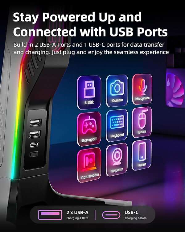IFYOO RGB Gaming Headset Stand with 2 USB and 1 Type-C Ports, Game Headphone Mount for PC Computer, Xbox One, Xbox Series S/X, PS5, PS4, Earphone Holder Hanger, Desk Gamer Accessories, Black&White - Image 5