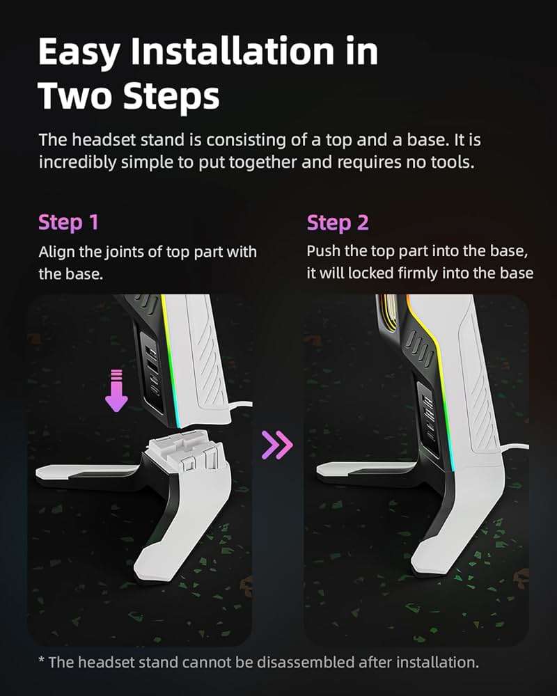 IFYOO RGB Gaming Headset Stand with 2 USB and 1 Type-C Ports, Game Headphone Mount for PC Computer, Xbox One, Xbox Series S/X, PS5, PS4, Earphone Holder Hanger, Desk Gamer Accessories, Black&White - Image 7