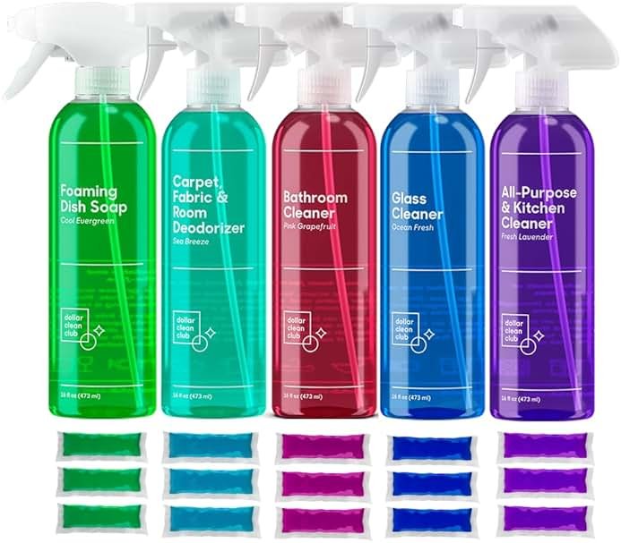 DOLLAR CLEAN CLUB Complete Home Cleaning 15 Pack Kit, Kitchen, Bathroom, Carpet, Dish, and Glass Cleaner Refills - Product Image