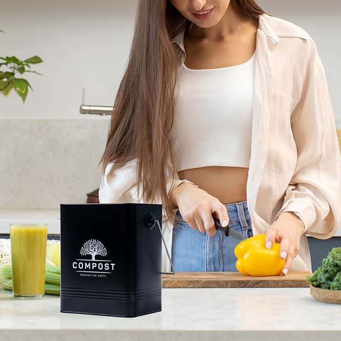 PERFNIQUE Kitchen Compost Bin, 1.7 Gallon Countertop Compost Bin with Lid, Indoor Compost Bin Includes 2 Carbon Filters, Small Compost Bucket, Food Waste Bin for Kitchen with Trash Bags (Matte Black) - Image 2