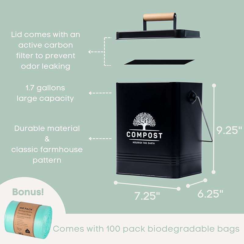 PERFNIQUE Kitchen Compost Bin, 1.7 Gallon Countertop Compost Bin with Lid, Indoor Compost Bin Includes 2 Carbon Filters, Small Compost Bucket, Food Waste Bin for Kitchen with Trash Bags (Matte Black) - Image 3