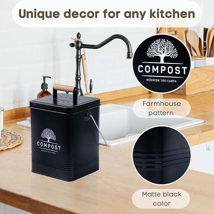 PERFNIQUE Kitchen Compost Bin, 1.7 Gallon Countertop Compost Bin with Lid, Indoor Compost Bin Includes 2 Carbon Filters, Small Compost Bucket, Food Waste Bin for Kitchen with Trash Bags (Matte Black) - Image 5