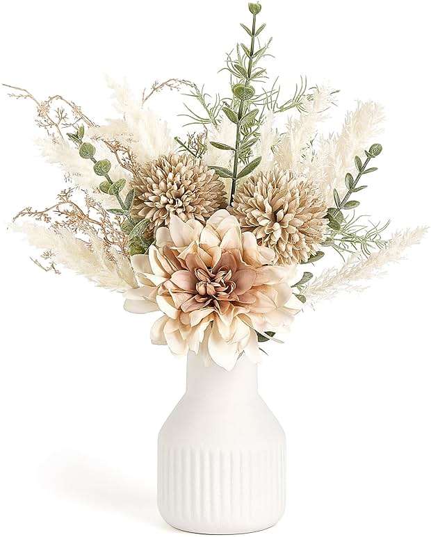 Mkono Small Artificial Flowers in Ceramic Vase 12.5" Centerpieces Coffee Table Decor, Silk Flower Arrangements for Home Decor Indoor Fake Flower Bouquet for Bathroom Dining Room Kitchen Wedding Brown - Image 1