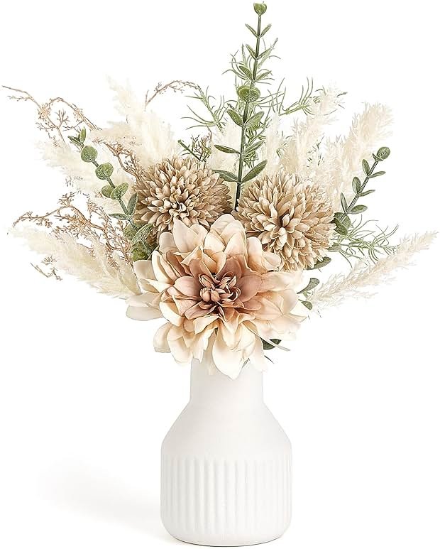 Mkono Small Artificial Flowers in Ceramic Vase 12.5" Centerpieces Coffee Table Decor, Silk Flower Arrangements for Home Decor Indoor Fake Flower Bouquet for Bathroom Dining Room Kitchen Wedding Brown - Product Image