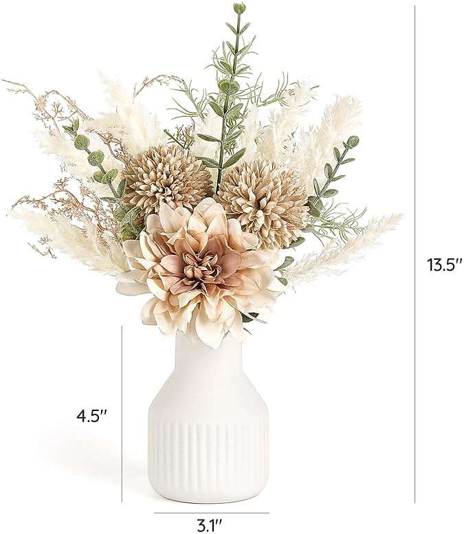 Mkono Small Artificial Flowers in Ceramic Vase 12.5" Centerpieces Coffee Table Decor, Silk Flower Arrangements for Home Decor Indoor Fake Flower Bouquet for Bathroom Dining Room Kitchen Wedding Brown - Image 3
