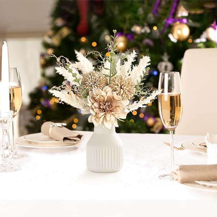 Mkono Small Artificial Flowers in Ceramic Vase 12.5" Centerpieces Coffee Table Decor, Silk Flower Arrangements for Home Decor Indoor Fake Flower Bouquet for Bathroom Dining Room Kitchen Wedding Brown - Image 4